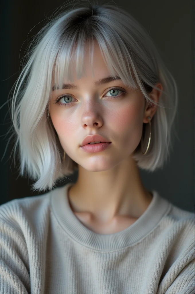 fullbody, Attractive body lines, RAW photo, best quality, masterpiece, photorealistic, 18 years old, Kristina Pimenova,  solo, detail face, detail eyes, detailed skin, light gray eyes, light gray hair, short straight bob cut, Symmetrical eyes, medium breast, like a model, looking at viewer,