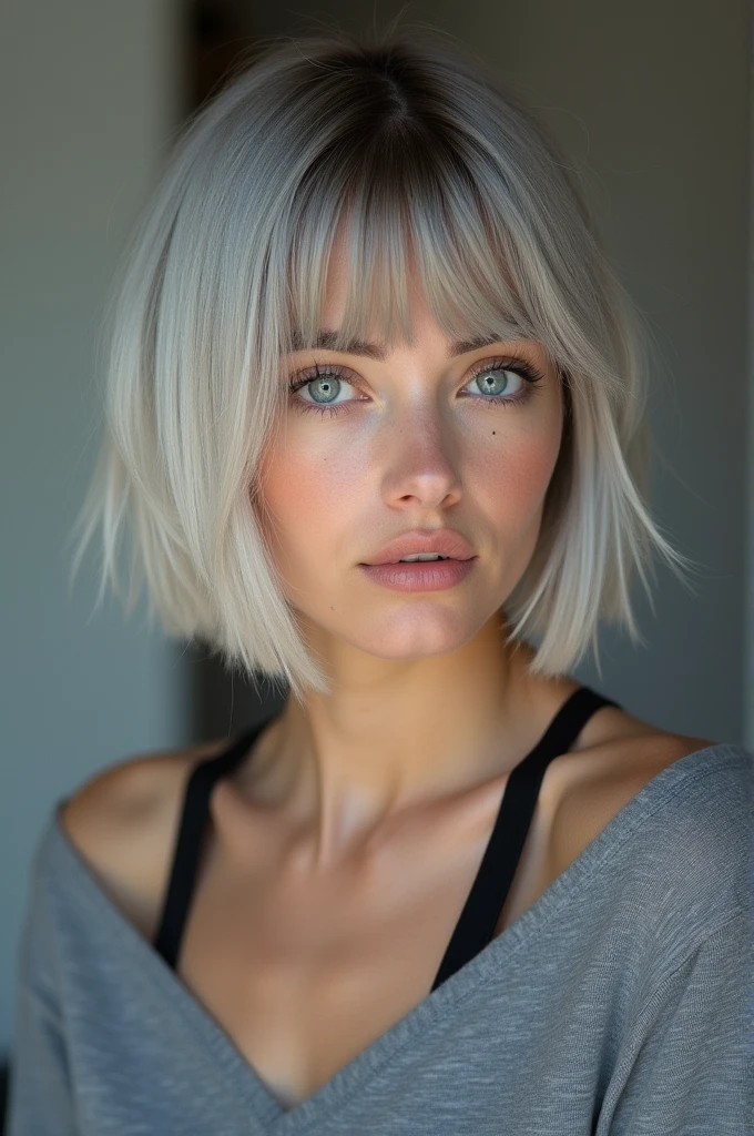 fullbody, Attractive body lines, RAW photo, best quality, masterpiece, photorealistic, 18 years old, Kristina Pimenova,  solo, detail face, detail eyes, detailed skin, light gray eyes, light gray hair, short straight bob cut, Symmetrical eyes, medium breast, like a model, looking at viewer,