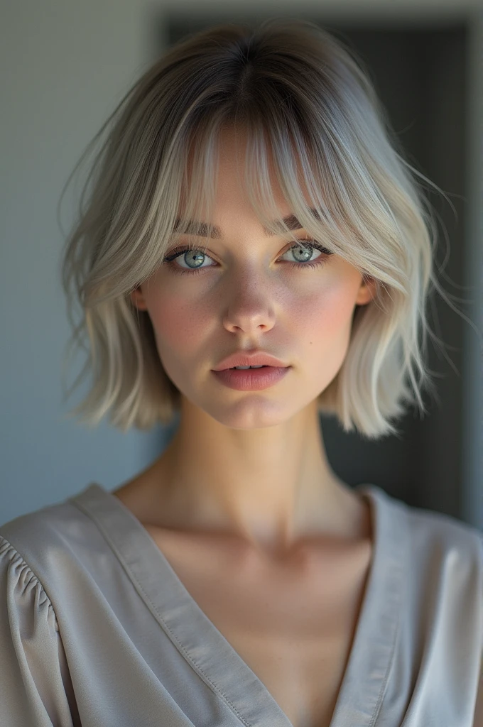 fullbody, Attractive body lines, RAW photo, best quality, masterpiece, photorealistic, 18 years old, Kristina Pimenova,  solo, detail face, detail eyes, detailed skin, light gray eyes, light gray hair, short straight bob cut, Symmetrical eyes, medium breast, like a model, looking at viewer,