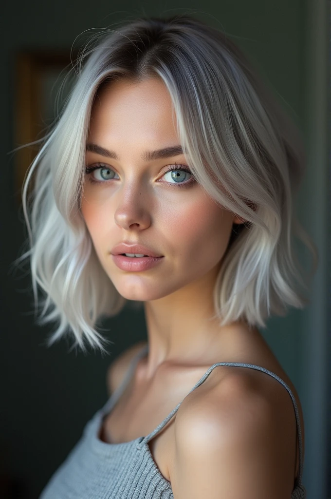 fullbody, Attractive body lines, RAW photo, best quality, masterpiece, photorealistic, 18 years old, Kristina Pimenova, solo, detail face, detail eyes, detailed skin, light gray eyes, light gray hair, short straight bob cut, Symmetrical eyes, medium breast, like a model, looking at viewer,