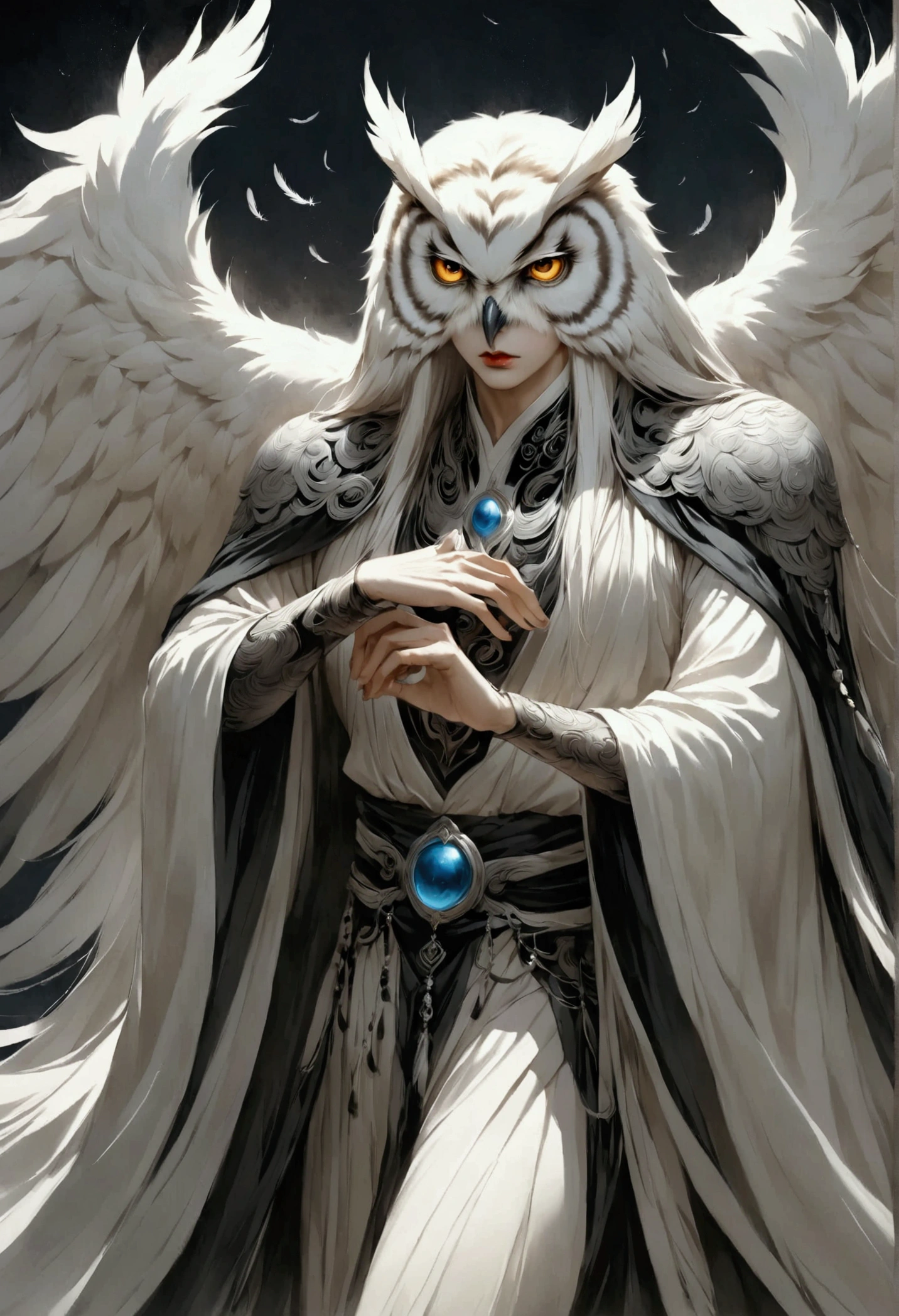 Create a manhwa-style illustration of a hybrid man and owl character. The character should be a young man between 22 and 25 years old, with a majestic appearance, and an upright and imposing posture. His eyes should be green and penetrating, and his feathers should have a subtle shine, reflecting an aura of mystery and power. The character should have owl characteristics, such as feathers on his arms and shoulders, while still maintaining the form and presence of a human. His face should be human and beautiful, with refined features. Owl fur should cover his face like an owl's, but then it parts or lifts to reveal his human face underneath, adding a unique and elegant touch. He should be gorgeous and delicate, with an enigmatic aura. At least one image should show part of his body. The background should be atmospheric, suggesting a nocturnal or mystical environment.