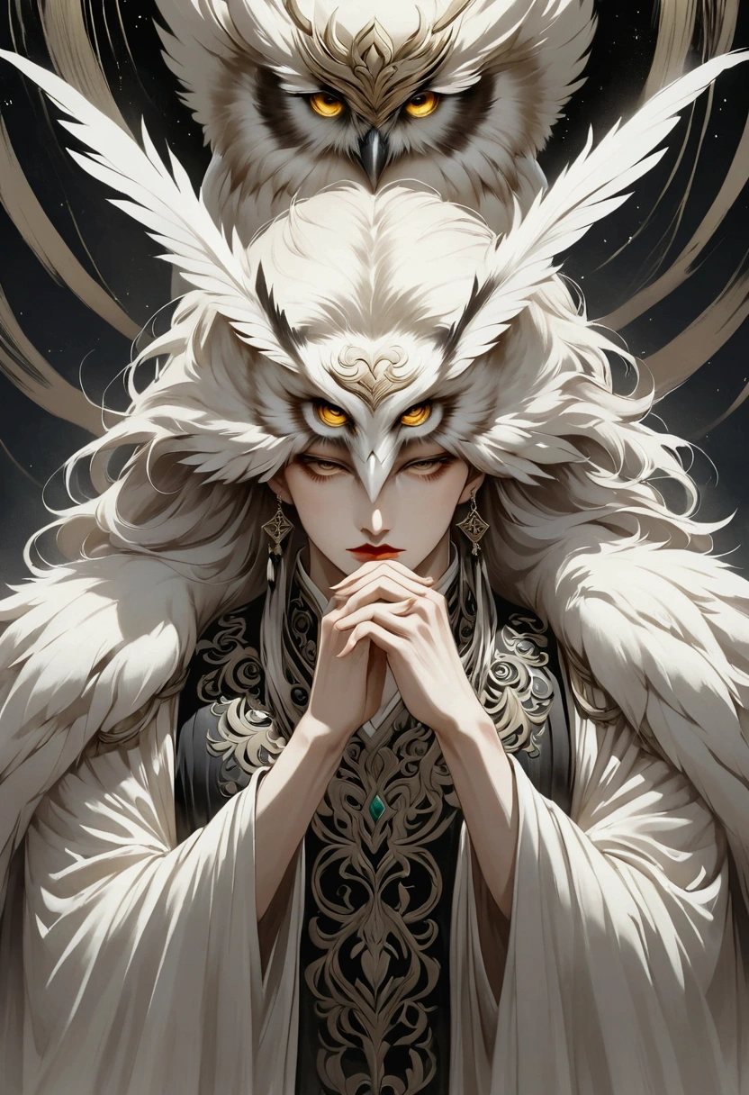 Create a manhwa-style illustration of a hybrid man and owl character. The character should be a young man between 22 and 25 years old, with a majestic appearance, and an upright and imposing posture. His eyes should be green and penetrating, and his feathers should have a subtle shine, reflecting an aura of mystery and power. The character should have owl characteristics, such as feathers on his arms and shoulders, while still maintaining the form and presence of a human. His face should be human and beautiful, with refined features. Owl fur should cover his face like an owl's, but then it parts or lifts to reveal his human face underneath, adding a unique and elegant touch. He should be gorgeous and delicate, with an enigmatic aura. At least one image should show part of his body. The background should be atmospheric, suggesting a nocturnal or mystical environment.