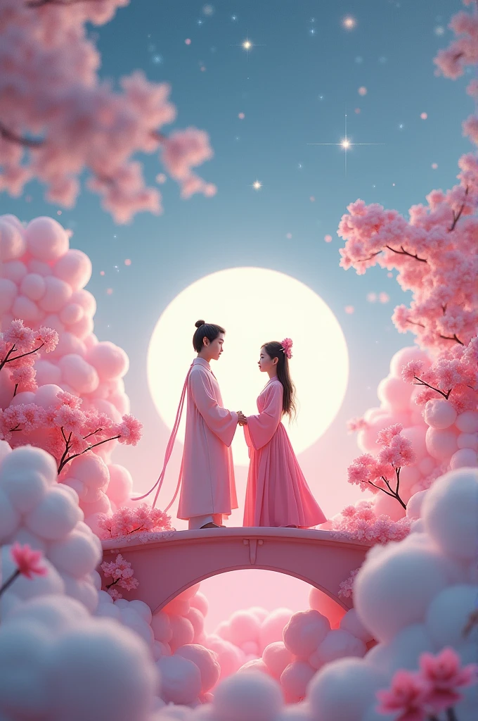 In a vast 3D universe,The Cowherd and the Weaver Girl stand on a magpie bridge made of soft pink clouds。Traditional Chinese ancient clothing,Traditional arch bridge,These clouds are fluffy and soft,As if just plucked from the sky,Each flower has a delicate texture and slight elasticity.。The edge of the magpie bridge is still hung with strings of glittering pearl-like dewdrops.,About to drip。Huge Moon。The starry sky around,Stars are not the usual sharp points of light,But each one is round and full、A ball of light woven from soft threads of light,Exudes a soft and warm glow,Like freshly baked marshmallows。The clothes worn by the Cowherd and the Weaver Girl are made of silk that is as light as mist.,When the wind blows,The folds of silk flow naturally like water ripples,The edges of the clothing are inlaid with fluffy white down.,Adds a bit of warmth and romance。Their hair is not a rigid line.,But a strand of silky soft、Slightly curly filaments,As if I could feel the gentle breeze。Clay Style。