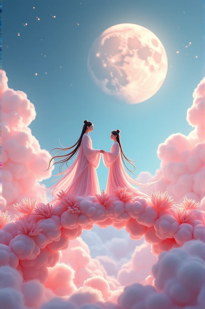 In a vast 3D universe,The Cowherd and the Weaver Girl stand on a magpie bridge made of soft pink clouds。Traditional Chinese ancient clothing,Traditional arch bridge,These clouds are fluffy and soft,As if just plucked from the sky,Each flower has a delicate texture and slight elasticity.。The edge of the magpie bridge is still hung with strings of glittering pearl-like dewdrops.,About to drip。Huge Moon。The starry sky around,Stars are not the usual sharp points of light,But each one is round and full、A ball of light woven from soft threads of light,Exudes a soft and warm glow,Like freshly baked marshmallows。The clothes worn by the Cowherd and the Weaver Girl are made of silk that is as light as mist.,When the wind blows,The folds of silk flow naturally like water ripples,The edges of the clothing are inlaid with fluffy white down.,Adds a bit of warmth and romance。Their hair is not a rigid line.,But a strand of silky soft、Slightly curly filaments,As if I could feel the gentle breeze。Clay Style。