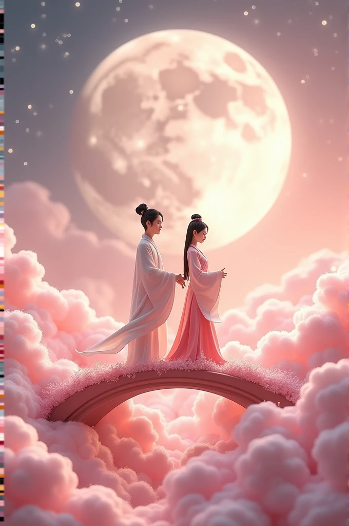 In a vast 3D universe,The Cowherd and the Weaver Girl stand on a magpie bridge made of soft pink clouds。Traditional Chinese ancient clothing,Traditional arch bridge,These clouds are fluffy and soft,As if just plucked from the sky,Each flower has a delicate texture and slight elasticity.。The edge of the magpie bridge is still hung with strings of glittering pearl-like dewdrops.,About to drip。Huge Moon。The starry sky around,Stars are not the usual sharp points of light,But each one is round and full、A ball of light woven from soft threads of light,Exudes a soft and warm glow,Like freshly baked marshmallows。The clothes worn by the Cowherd and the Weaver Girl are made of silk that is as light as mist.,When the wind blows,The folds of silk flow naturally like water ripples,The edges of the clothing are inlaid with fluffy white down.,Adds a bit of warmth and romance。Their hair is not a rigid line.,But a strand of silky soft、Slightly curly filaments,As if I could feel the gentle breeze。Clay Style。