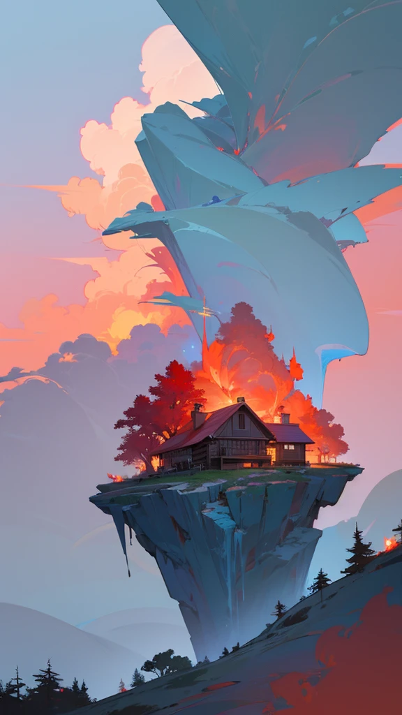 Create an image of a cabin in a beautiful cliff with greenery all around and red clouds and sky.
