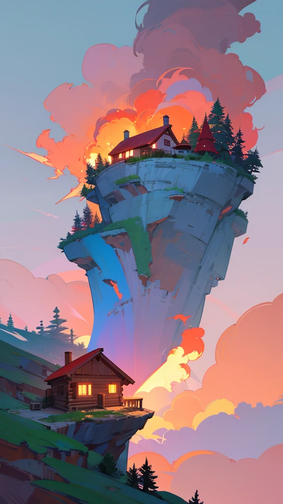 Create an image of a cabin in a beautiful cliff with greenery all around and red clouds and sky.