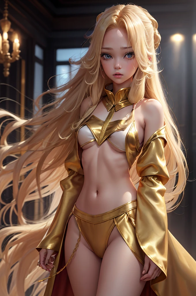 the toy doll is dressed in a gold outfit with blonde hair long, 1girl, long hair, solo, navel, looking at viewer, blonde hair, blue eyes, midriff, parted bangs, lips, long sleeves, very long hair, bangs, arms at sides