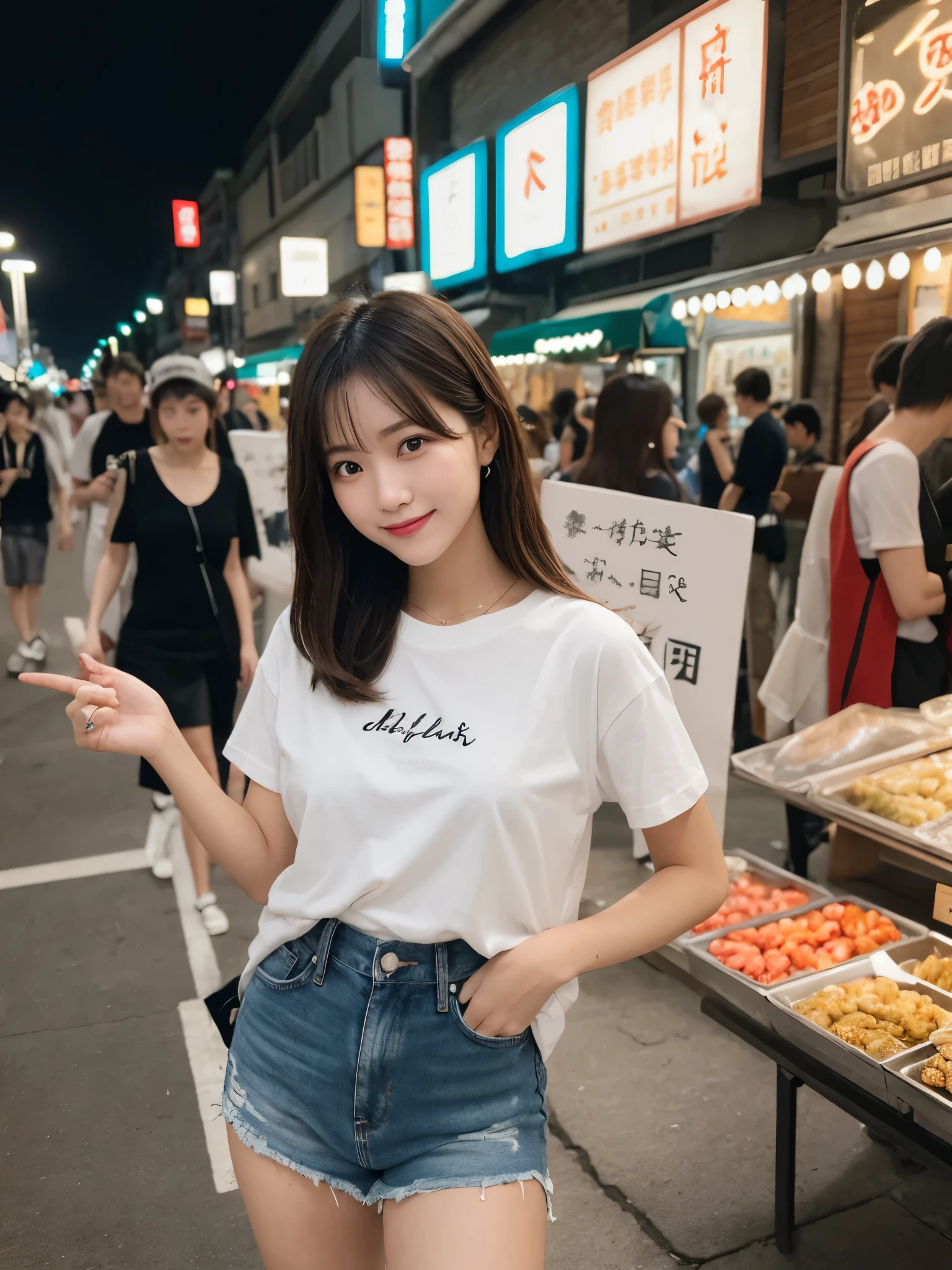 1girl, solo, highres, best_quality, masterpiece, detailed_background, intricate_details, beautiful, taipei, night_market, night, neon_lights, street_food, market, bustling, smile, looking_at_viewer, dynamic_pose, natural_pose, candid, happy, casual_clothes, trendy_clothes, modern_fashion, summer_clothes, white_t-shirt, denim_shorts