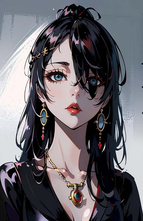 1girl in, solo, Jewelry, black hair, necklace, red-lips, Long hair, covered eyes, lipstick, makeup, upper-body, closed mouth, black dress, hair above one eye, clavicle, Dress,black theme,bad-girl, large breasts,sparkly skin,(mature female),chic, Snthwve style, nvinkpunk Close-up portrait of a face (((sks person))), Smooth soft skin, big dreamy eyes, Beautiful intricate dyed hair, Symmetrical, anime wide eyes, soft-lighting, Detailed Face, makoto sinkai, by stanley artgerm lau, WLOP, rossdraws, Concept art, Digital Painting, looking up at the camera