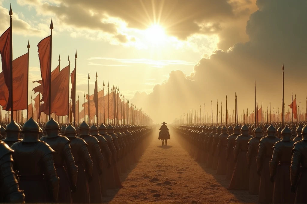 A cinematic, epic wide shot of a kingdom’s army assembling on a vast, open plain. Rows of armored soldiers with gleaming weapons, banners waving in the wind, and commanders on horseback giving orders. The sky is a dramatic mix of clouds and sunlight, casting long shadows over the battlefield. Magical barriers and enchantments shimmer faintly in the background, ready for battle. The atmosphere is tense and anticipatory, capturing the moment before the clash. High level of detail and realism to match cinematic quality.