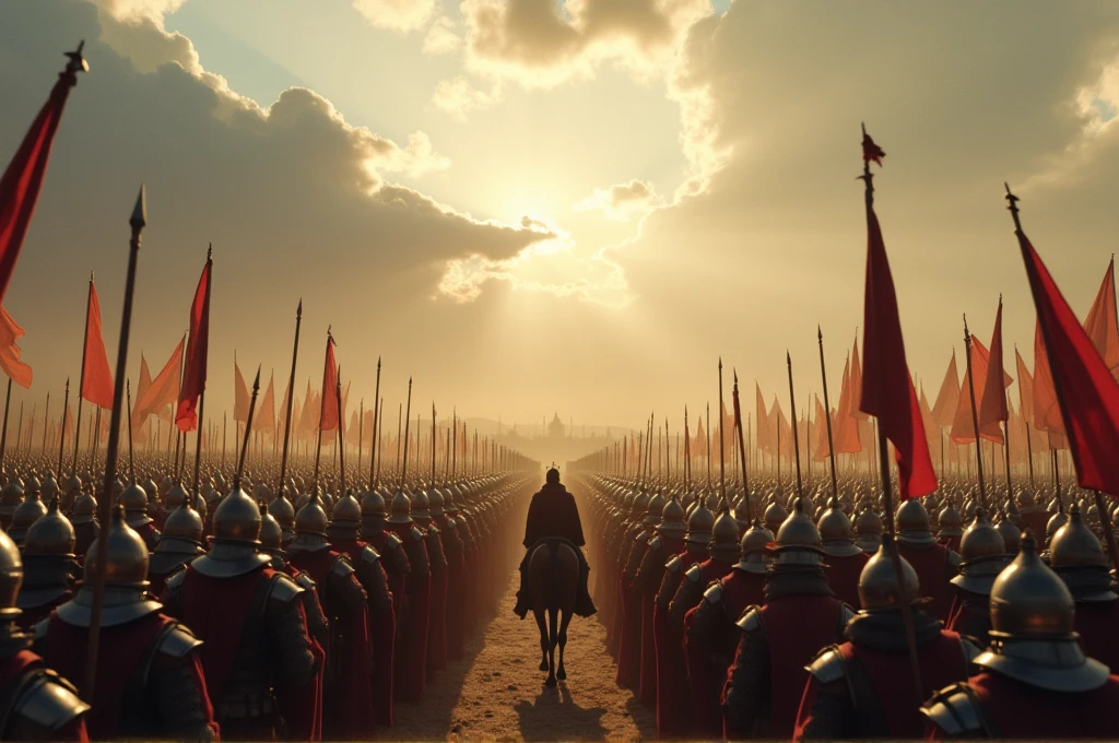 A cinematic, epic wide shot of a kingdom’s army assembling on a vast, open plain. Rows of armored soldiers with gleaming weapons, banners waving in the wind, and commanders on horseback giving orders. The sky is a dramatic mix of clouds and sunlight, casting long shadows over the battlefield. Magical barriers and enchantments shimmer faintly in the background, ready for battle. The atmosphere is tense and anticipatory, capturing the moment before the clash. High level of detail and realism to match cinematic quality.