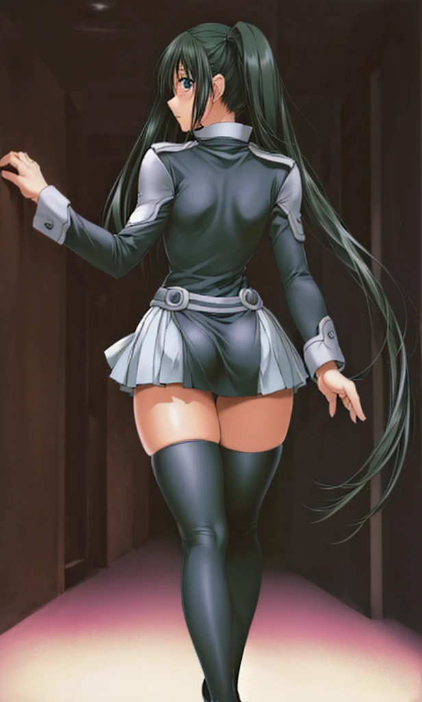 Lenalee, with her long, beautiful legs and twin tails, is walking down a dimly lit hallway in a miniskirt uniform and black knee socks.。A shot from behind, far away。