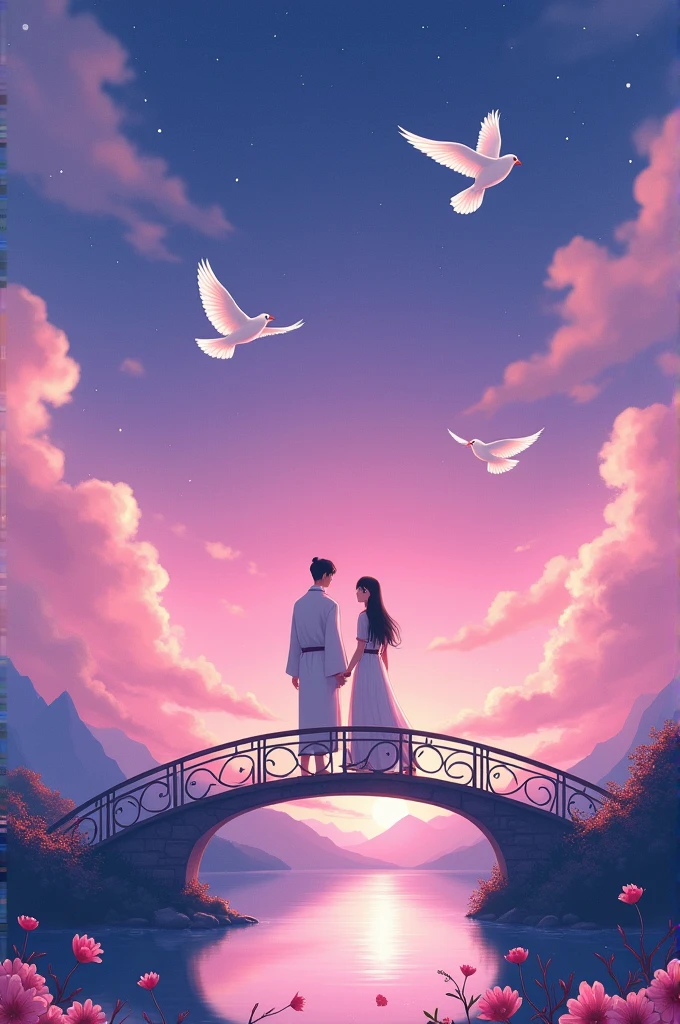 In ancient Chinese love stories, the poster depicts two people, the Cowherd and the Weaver Girl, standing on an elegant bridge with a dreamy pink and purple background. White magpies hover around them in the night sky. Surrounded by stars, creating a dreamy atmosphere. It was created in the style of Hayao Miyazaki‘s anime. In the foreground, there are some flowers ahead. High definition, high detail.