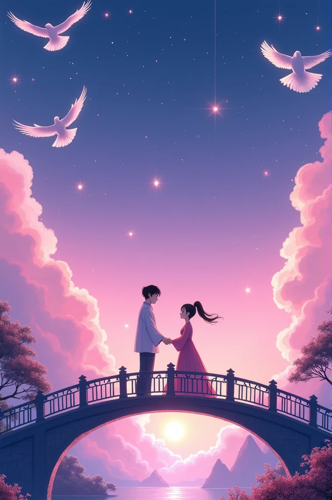 In ancient Chinese love stories, the poster depicts two people, the Cowherd and the Weaver Girl, standing on an elegant bridge with a dreamy pink and purple background. White magpies hover around them in the night sky. Surrounded by stars, creating a dreamy atmosphere. It was created in the style of Hayao Miyazaki‘s anime. In the foreground, there are some flowers ahead. High definition, high detail.