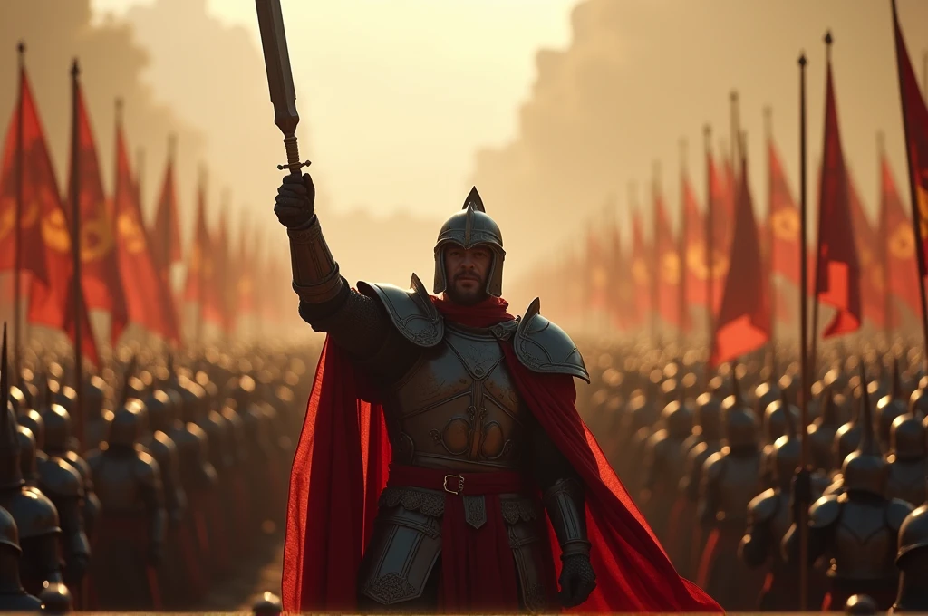 A cinematic, dramatic shot of the hero standing in front of the embled army, in regal, enchanted armor. The hero raises a weapon high, rallying the troops with a powerful speech. Soldiers cheer and raise their weapons in unison. The background shows the vast army stretching into the distance, with flags and banners prominently displayed. The scene is filled with determination and unity, capturing the spirit of the kingdom ready to face the dark forces. High level of detail and realism to match cinematic quality.