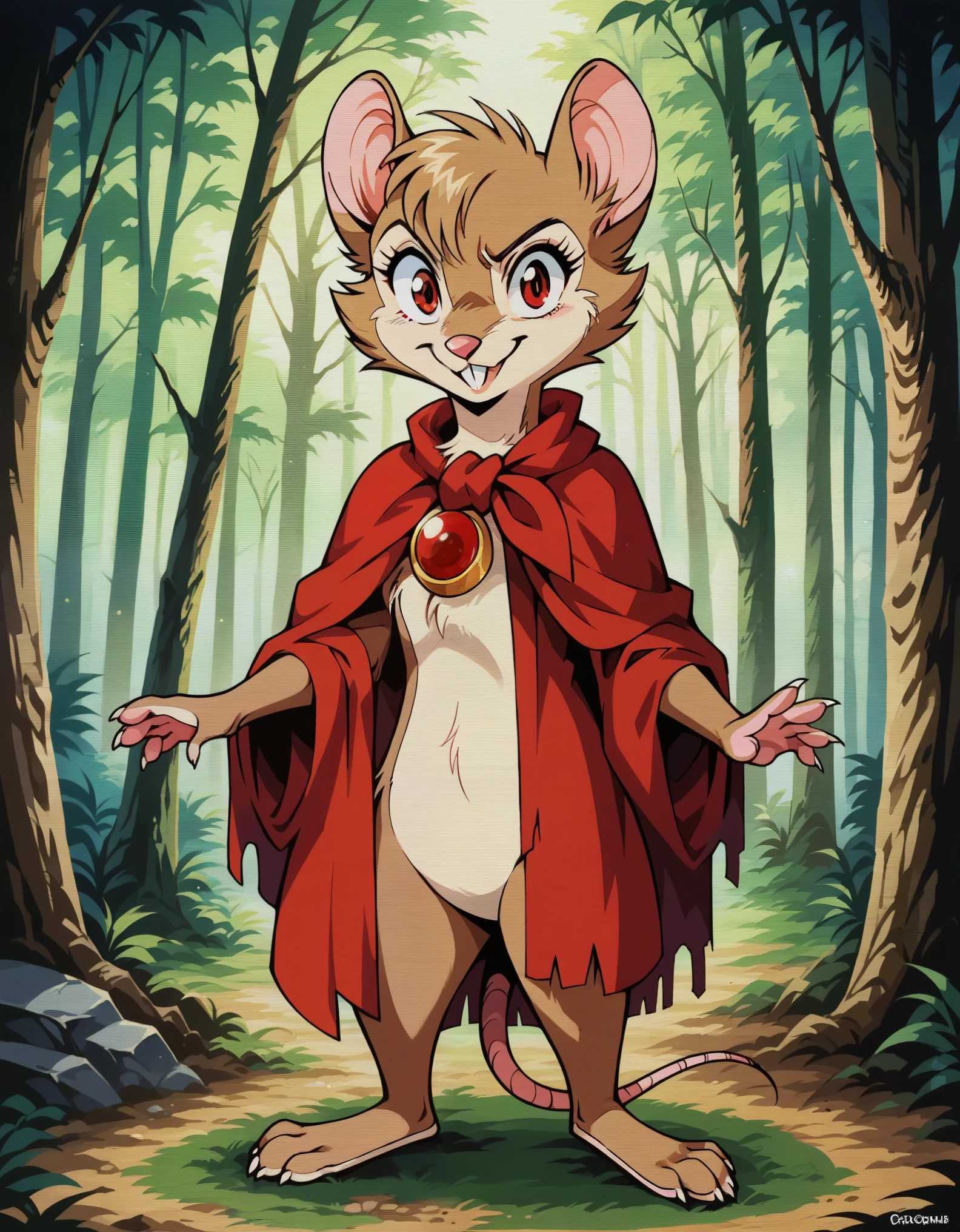 score_9, score_8_up, score_7_up, ource_furry, source_safe, retro anime, 1990s, scanlines, best quality, forest, BREAK, 1girl, mrsbrisby_tsonimh, mouse girl, semi-anthro, furry, brown fur, wearing red cape, wearing red pendant, mostly nude, standing, closed mouth, looking at viewer, smile, buck teeth, featureless crotch, featureless chest ,,,show accurate, full body, hungry body, simple background, (solo), (semi anthro), mouse, female mouse, fur body, ultra fine fur, standing, red eyes, (light brown dull fur), determined look, black open cape, red inner cape, silver cape brooch, 