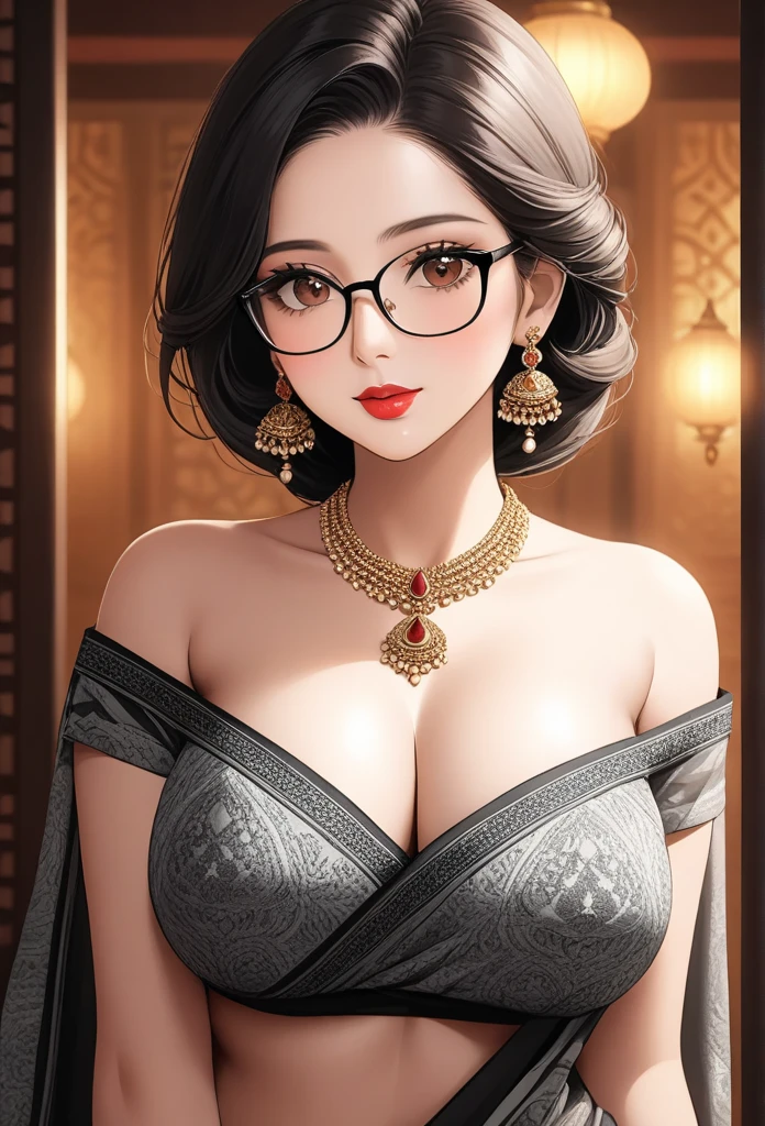 a lady with free hair, wearing aesthetic glasses, face makeup, red lipstick, black and white design printed saree, jhumka earrings, saggy breasticate details, (best quality,4k,8k,highres,masterpiece:1.2),ultra-detailed,(realistic,photorealistic,photo-realistic:1.37),cinematic lighting,warm color tones,elegant portrait,cleavage,nave sutra necklace