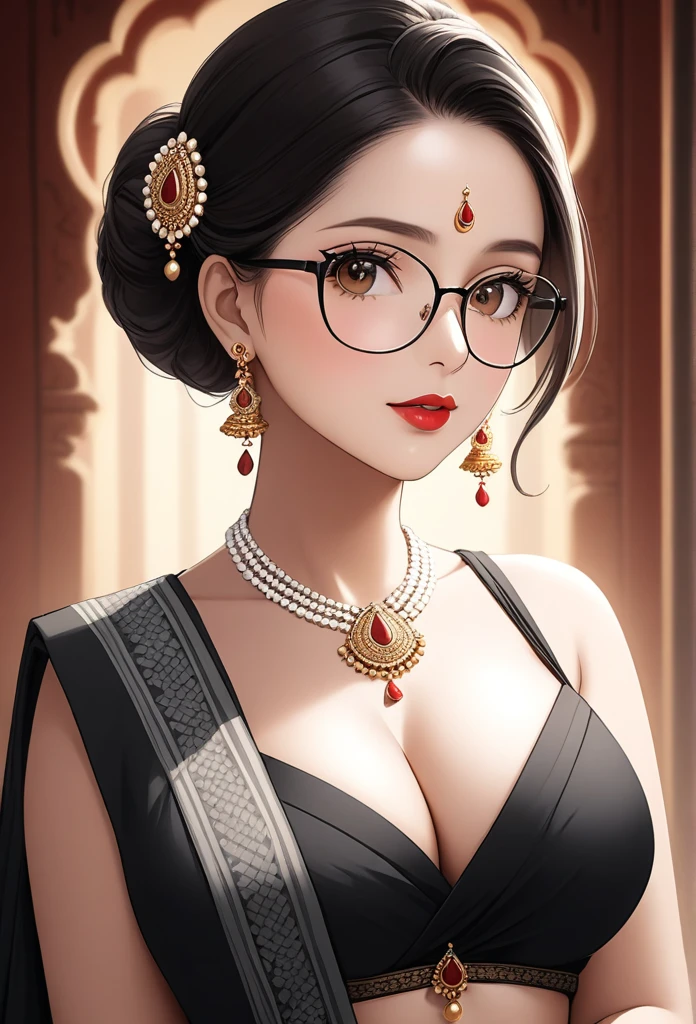 a mature lady with free hair, wearing aesthetic glasses, face makeup, red lipstick, black and white design printed saree, jhumka earrings, saggy breasts, intricate details, (best quality,4k,8k,highres,masterpiece:1.2),ultra-detailed,(realistic,photorealistic,photo-realistic:1.37),cinematic lighting,warm color tones,elegant portrait,cleavage,navel,mangal sutra necklace