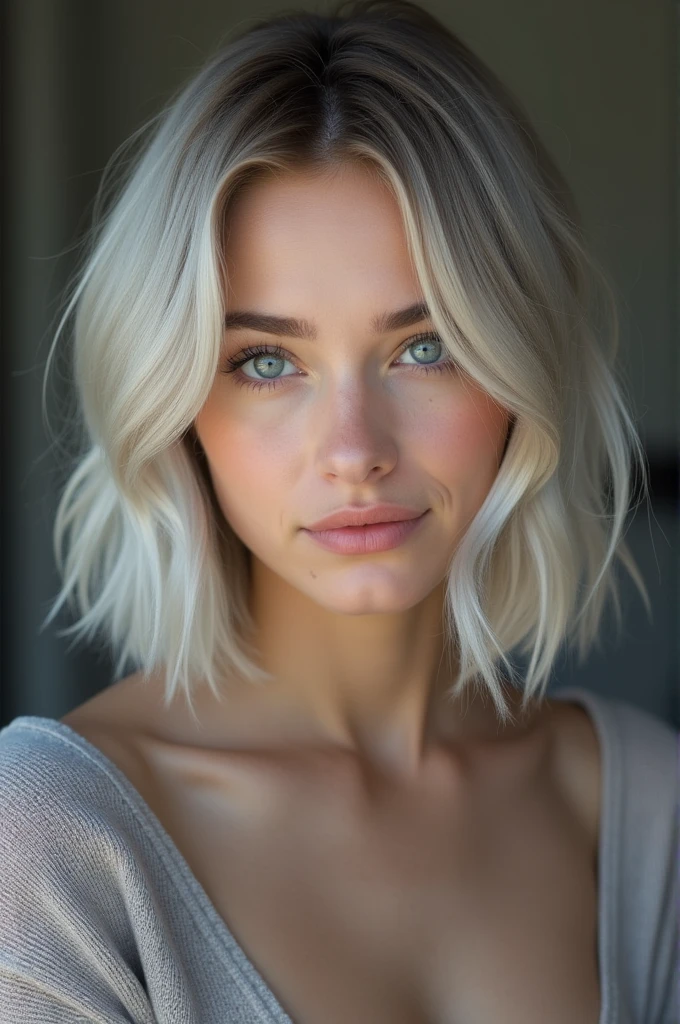 RAW photo, best quality, masterpiece, photorealistic, 18 years old, Kristina Pimenova,  solo, light gray eyes, light gray hair, short straight bob cut, Symmetrical eyes, medium breast, like a model, looking at viewer, fullbody, Attractive body lines