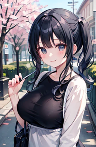 （Cute older sister:1.3）、smile,Spring atmosphere、one piece、evening、Black Hair、university student、Pigtails、holiday、Okabo Hair,Large Breasts