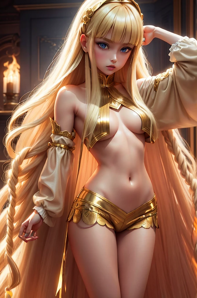 the toy doll is dressed in a gold outfit with blonde hair long, 1girl, long hair, solo, navel, looking at viewer, blonde hair, blue eyes, midriff, parted bangs, lips, long sleeves, very long hair, bangs, arms at sides