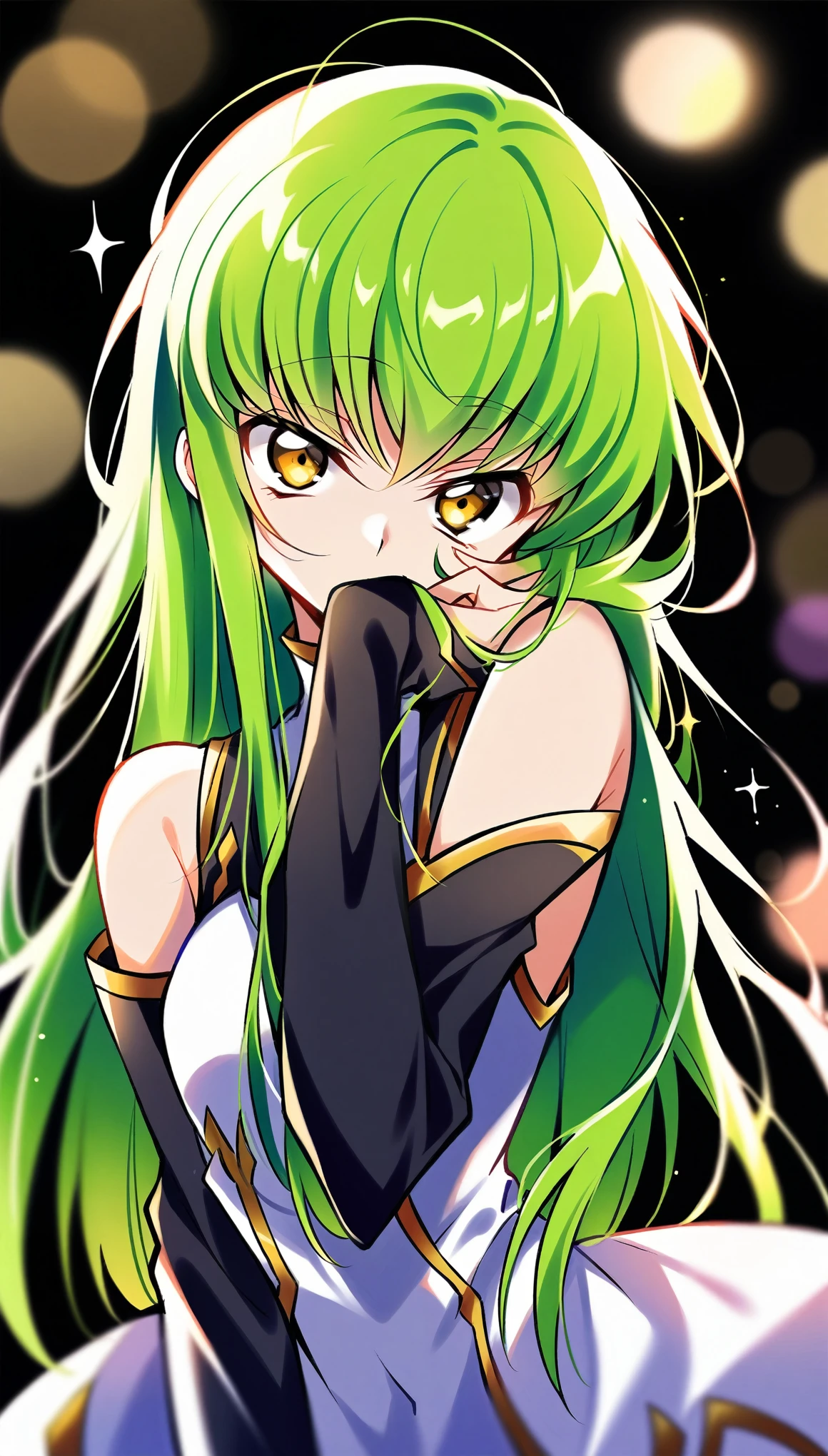 score_9, score_8_up, score_7_up, 1girl, c.c., code geass, armpit crease, bare shoulders, black background, black sleeves, blurry, bokeh, covered mouth, depth of field, detached sleeves, dress, green hair, hair over mouth, hand in own hair, head tilt, long hair, long sleeves, looking at viewer, messy hair, skinny, sleeveless, sleeveless dress, solo, sparkle,  yellow eyes