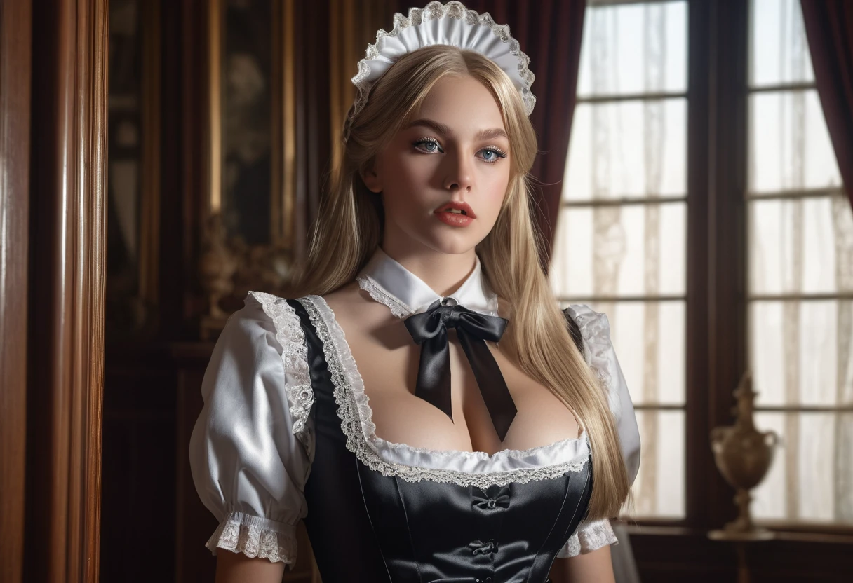 3girls, sexy satin Maid Outfit, a beautiful satin maid with long straight blonde hair, detailed eyes, detailed lips, extremely detailed face, long eyelashes, intricate maid uniform with lace and ribbons,  standing in a luxurious victorian-style room, window light, dramatic lighting, cinematic composition, highly detailed, photorealistic, 8k, masterpiece, big breast:1.4, cleavage