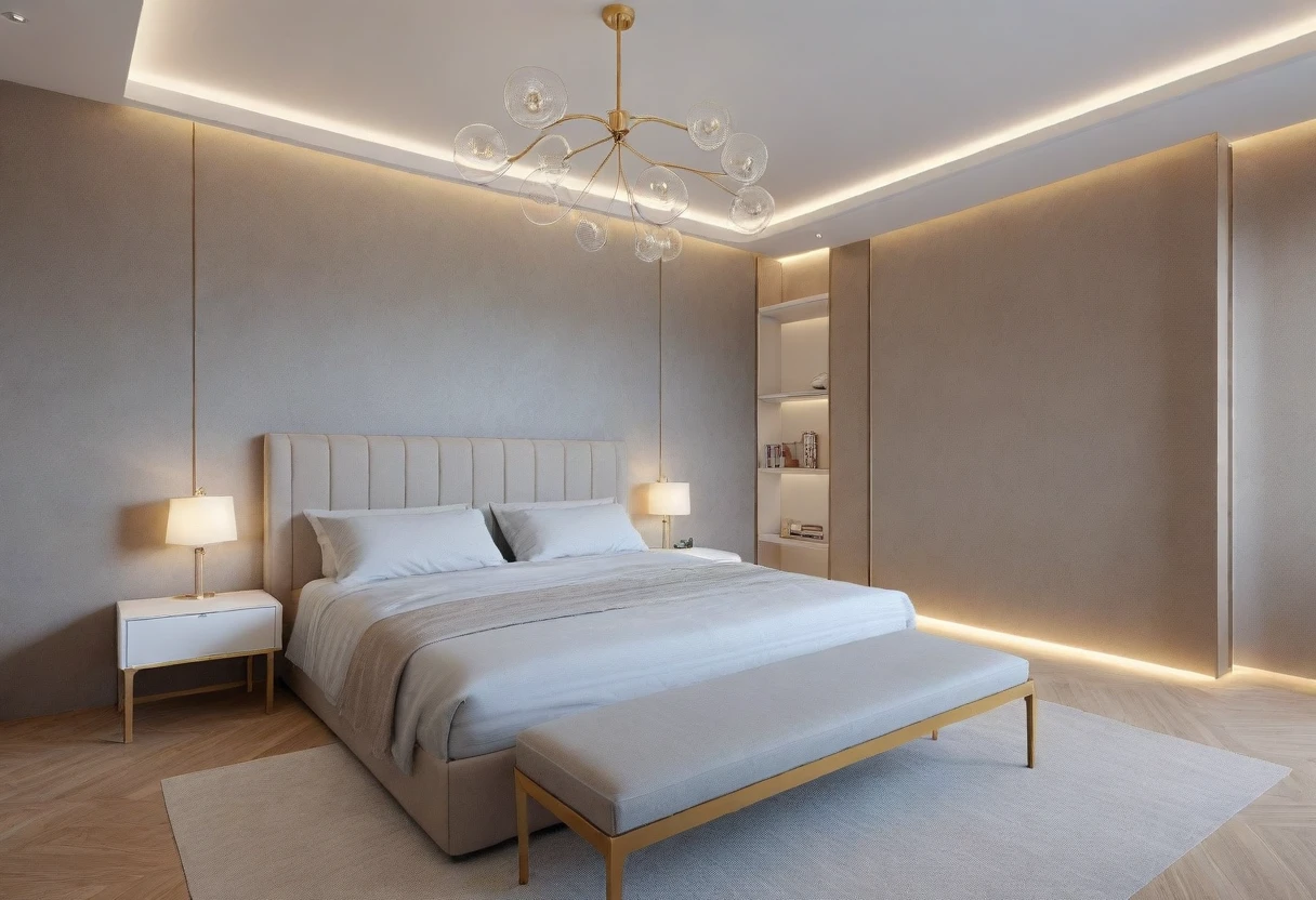 Modern bedroom design, luxurious interior, ((high resolution image, 8k, detailed anatomy of each object, rough surface, super detailed, super realistic, beautiful) spotless , surreal , spacious space , full light