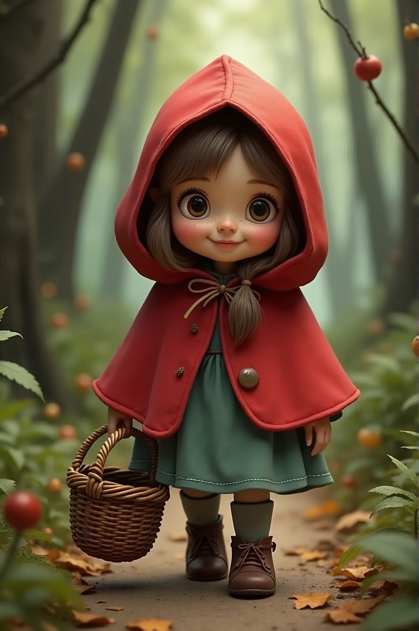 little Red Riding Hood,Cute girl cape,Small freckles on the face,Smile,Carry basket,Walking in the forest path,(A gray wolf was hiding in the bushes, looking greedily at the .)