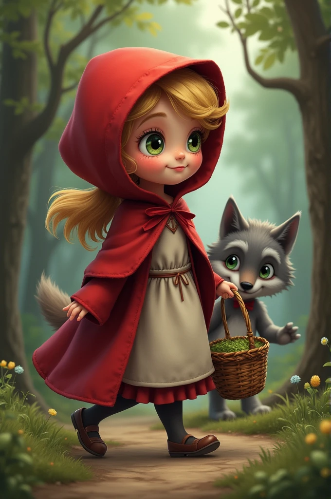 little Red Riding Hood,Cute girl cape,Small freckles on the face,Smile,Carry basket,Walking in the forest path,(A gray wolf follows beside him)