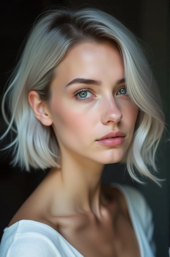 fullbody, Attractive body lines, RAW photo, best quality, masterpiece, photorealistic, 18 years old, Kristina Pimenova,  solo, detail face, detail eyes, detailed skin, light gray eyes, light gray hair, short straight bob cut, Symmetrical eyes, medium breast, like a model, looking at viewer, ((fullbody)), Attractive body lines,