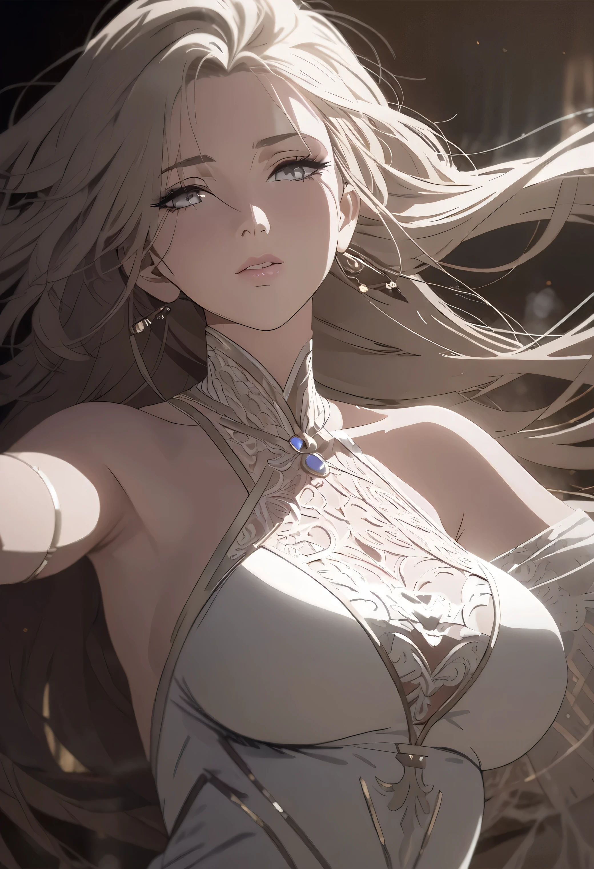 a beautiful goddess with large breasts, detailed intricate dress, flowing long hair, elegant pose, detailed facial features, delicate skin, volumetric lighting, cinematic dramatic lighting, muted color palette, dramatic chiaroscuro, cinematic depth of field, photorealistic, (best quality,8k,highres,masterpiece:1.2),ultra-detailed,(realistic,photorealistic,photo-realistic:1.37)