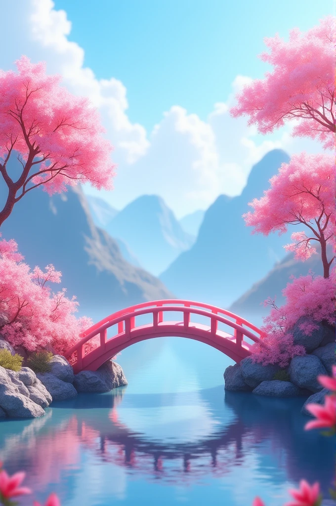 3D illustration of the flower pink bridge, lake and blue mountains in the background, Asian painting in the style of Pixar, soft shading, emotive fields of color, Minimalist Style, ethereal landscapes, lovecore, Elegant brushes