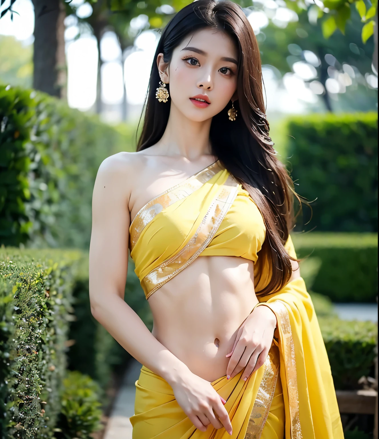 (best quality,8k,ultra-detailed,masterpiece:1.2),beautiful real japanese girl wearing yellow saree, transparent lace, detailed facial features,attractive pose with a confident expression,gorgeous flowing hair,striking blue eyes,perfectly manicured nails,shimmering jewelry,soft and ,sculpted muscles,strong tuned and defined abs, garden,  upper body