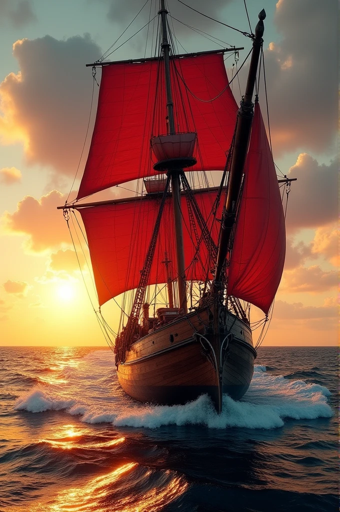 A photograph of an old sailing ship with red sails on the ocean during sunset, from behind the bow and with white rope, in the style of key west.