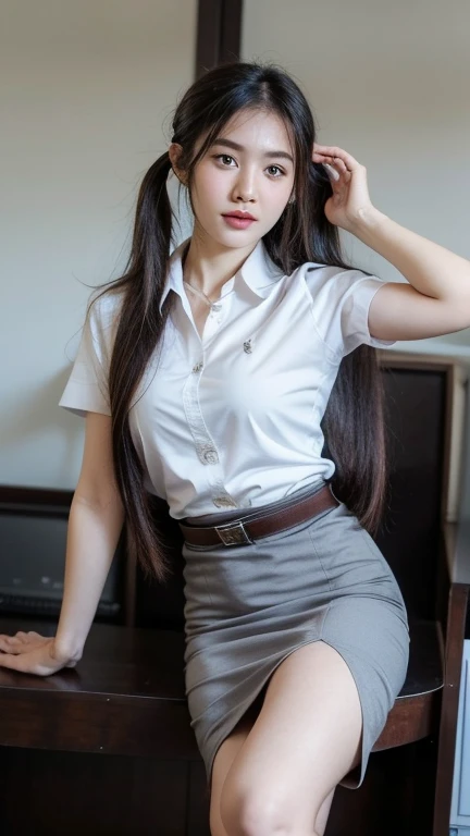 Pretty thai woman Raise your hands to shoulder level , (8k, best quality, masterpiece, ultra highres:1.2) Photo of Pretty thai woman beautiful, beautiful enchanting fashion contemporary painting with , (1girl), (white shirt short sleeves), ((black pencil skirt)), belt , , blonde hair, , realistic skin texture , round chin, 85 mm art lens, f 1. 2, sharp focus, 8 k high definition, insanely detailed, intricate, elegant, large breasts, big breasts , black skirt , twin tails hair