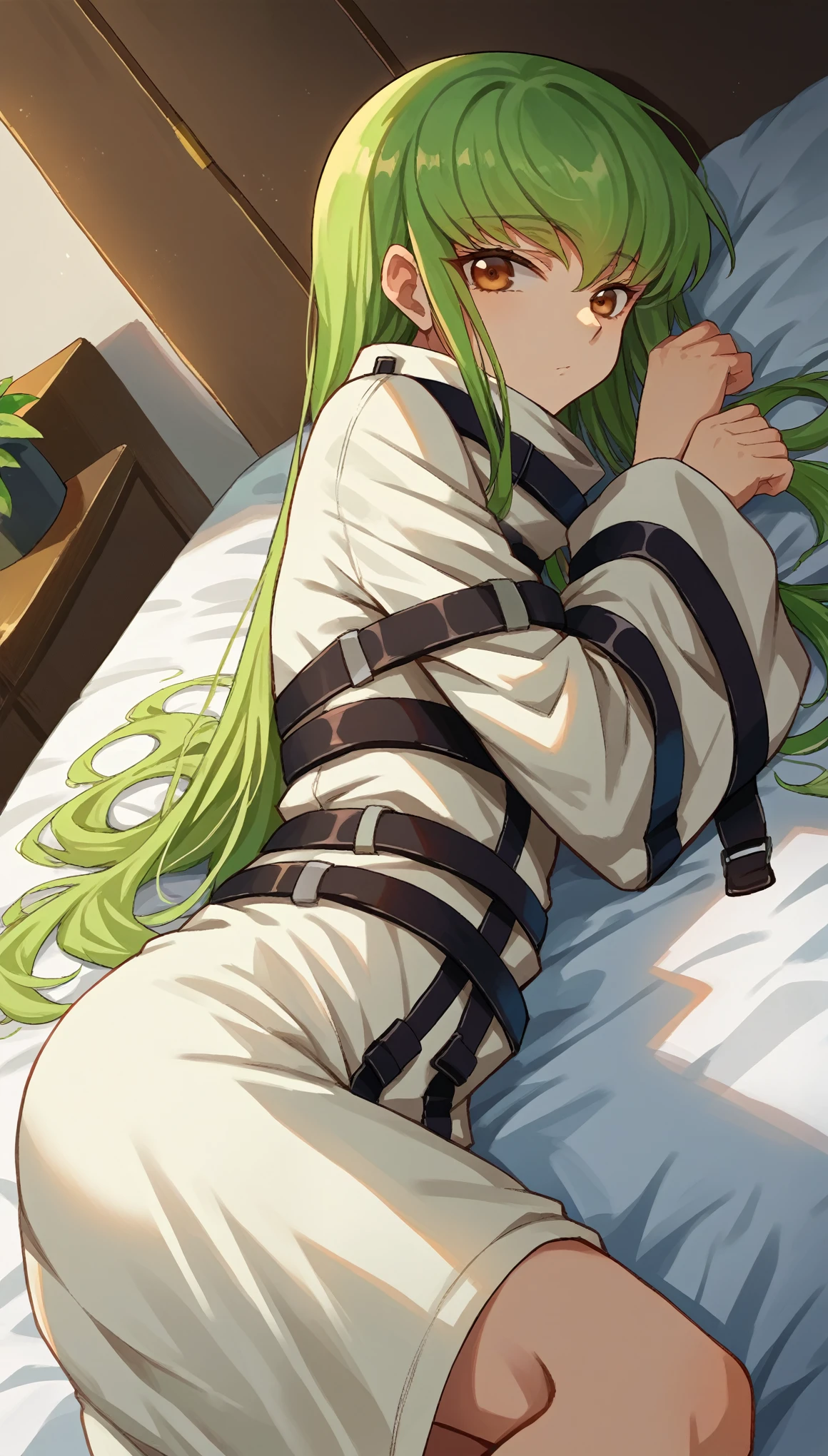 score_9, score_8_up, score_7_up, source_anime,
codegeasscc, cc, brown eyes, green hair, long hair, straight hair,
straitjacket, white straitjacket, wide sleeves,
indoors, bed, bed room, on side,
looking at viewer, dutch angle, cowboy shot,