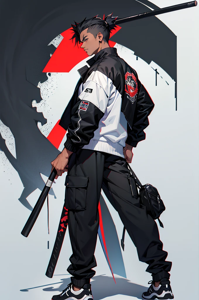 a side shot of a man holding a baseball bat on his shoulder, full body, he is wearing a black varsity jacket and black wide leg pants, sharp edges,