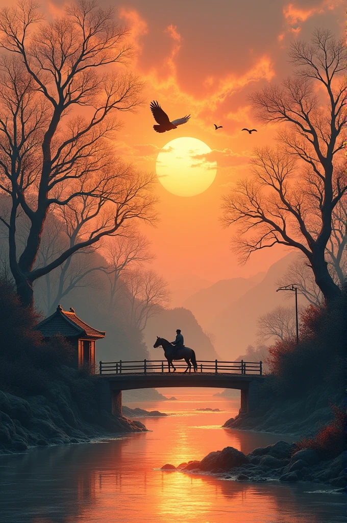 masterpiece, high quality, high resolution,8K, Chinese painting ,, Withered vines, age ((Trees)), dusk ((crow)) Freedom Cry,, ((A small bridge)), flowing water, (((Humble residence))),  (a horse:1.6),, A cold wind blows from the west ((An ancient road)),, Sunset, I am heartbroken,, 
