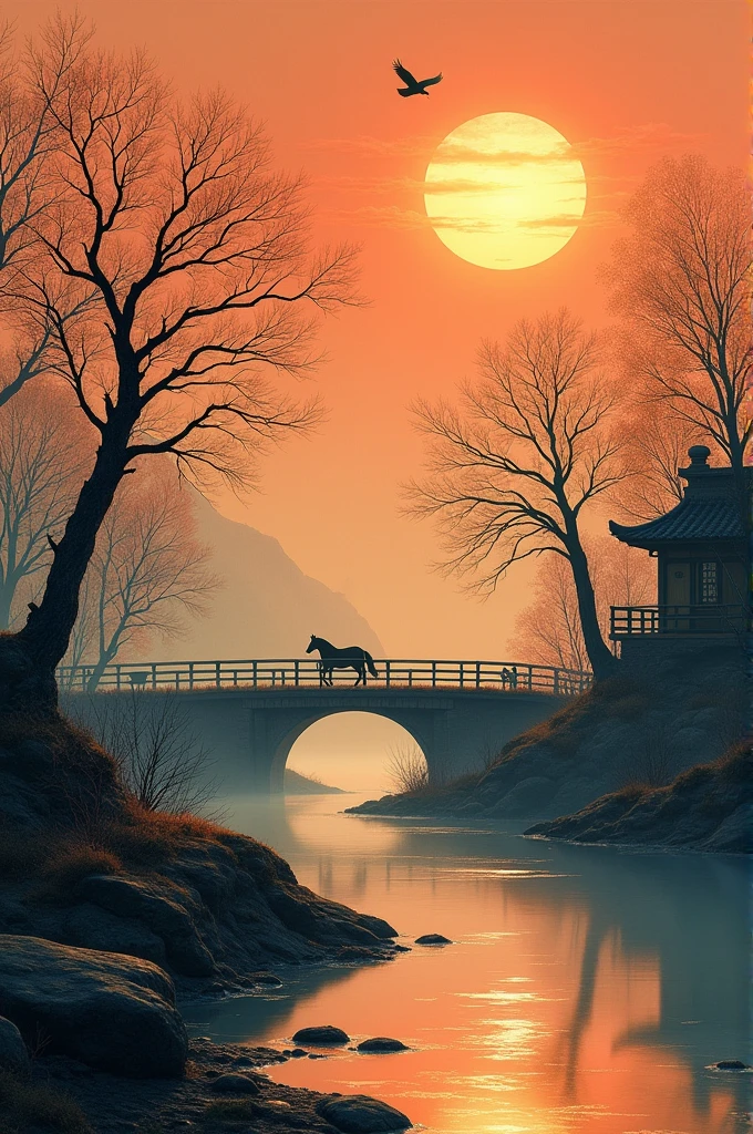 masterpiece, high quality, high resolution,8K, Chinese painting ,, Withered vines, age ((Trees)), dusk ((crow)) Freedom Cry,, ((A small bridge)), flowing water, (((Humble residence))), (a horse:1.6),, A cold wind blows from the west ((An ancient road)),, Sunset, I am heartbroken,,