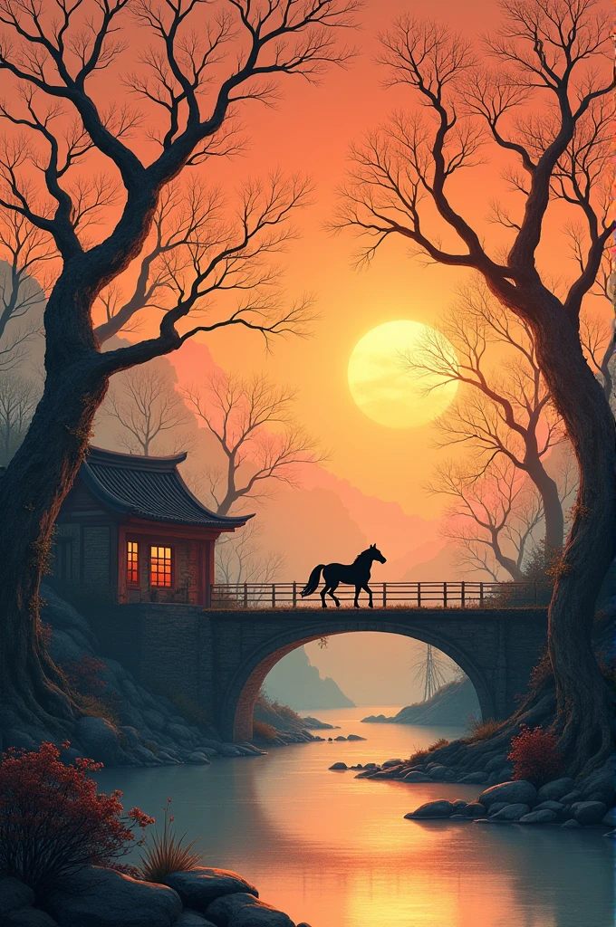 masterpiece, high quality, high resolution,8K, Chinese painting ,, Withered vines, age ((Trees)), dusk ((crow)) Freedom Cry,, ((A small bridge)), flowing water, (((Humble residence))), (a horse:1.6),, A cold wind blows from the west ((An ancient road)),, Sunset, I am heartbroken,,