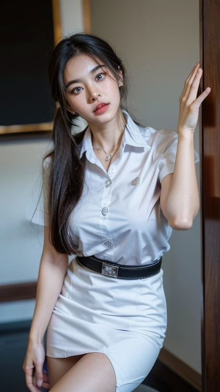 Pretty thai woman Raise your hands to shoulder level , (8k, best quality, masterpiece, ultra highres:1.2) Photo of Pretty thai woman beautiful, beautiful enchanting fashion contemporary painting with , (1girl), (white shirt short sleeves), ((black pencil skirt)), belt , , blonde hair, , realistic skin texture , round chin, 85 mm art lens, f 1. 2, sharp focus, 8 k high definition, insanely detailed, intricate, elegant, large breasts, big breasts , black skirt , twin tails hair