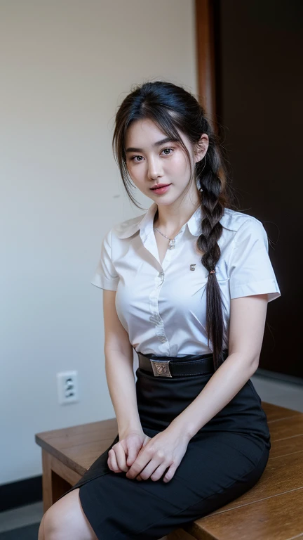 Pretty thai woman Raise your hands to shoulder level , (8k, best quality, masterpiece, ultra highres:1.2) Photo of Pretty thai woman beautiful, beautiful enchanting fashion contemporary painting with , (1girl), (white shirt short sleeves), ((black pencil skirt)), belt , , blonde hair, , realistic skin texture , round chin, 85 mm art lens, f 1. 2, sharp focus, 8 k high definition, insanely detailed, intricate, elegant, large breasts, big breasts , black skirt , twin tails hair