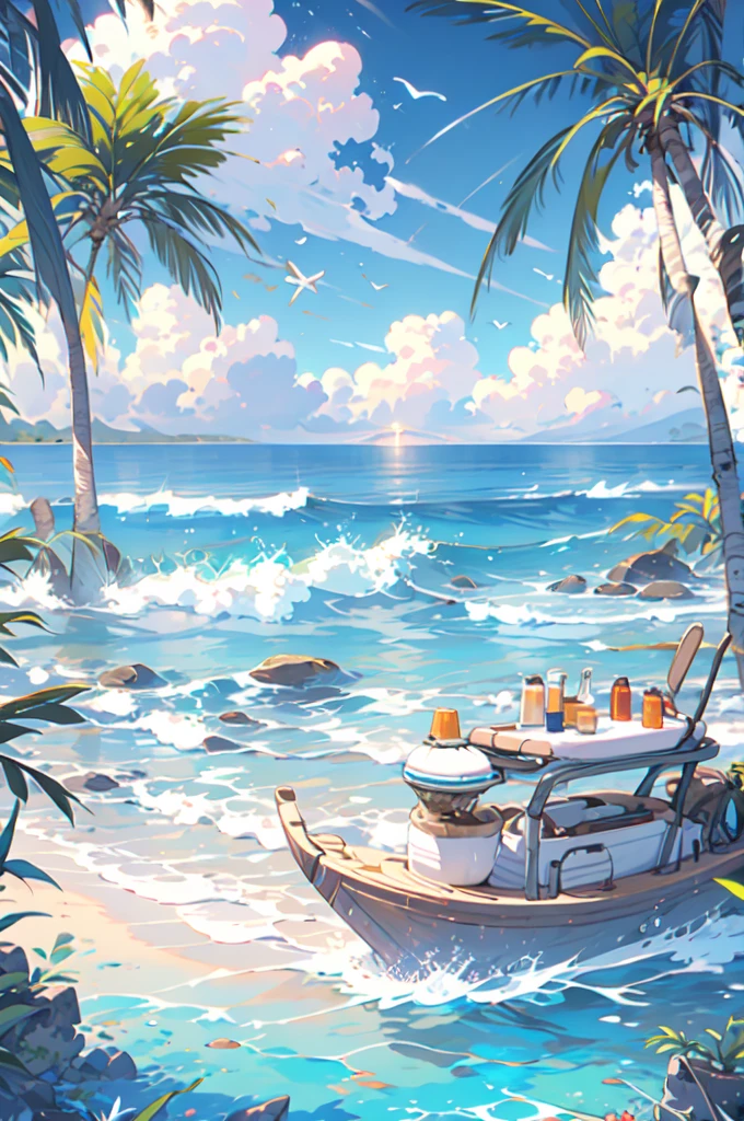 hawaii resort, Palm trees, tide, sandy beach, traditional wooden building