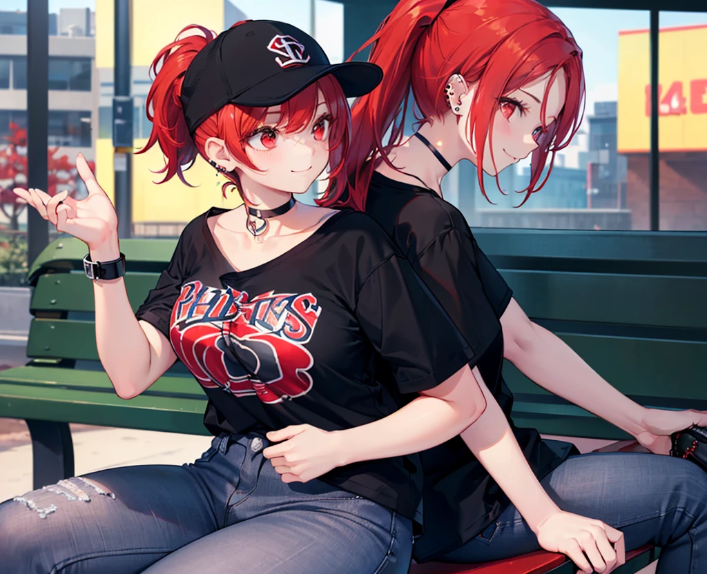 Realistic,Highest quality, Ultra Detail, High-quality CG rendering, The most delicate and beautiful, Floating softly, High resolution, (1 girl), (Highest quality,4K,8k,masterpiece:1.2),(All red hair:1.5), (ponytail:1.5),(Red eyes:1.5),(Slightly larger breasts:1.2), (Oversized black short sleeve t-shirt:1.5),(Black skinny jeans:1.5),(Black baseball cap:1.5),In the city,old buildings,Narrow back alley,(Sitting on a bench:1.3),smile,(Piercing in left ear:1.3),(Pitch black choker:1.5)