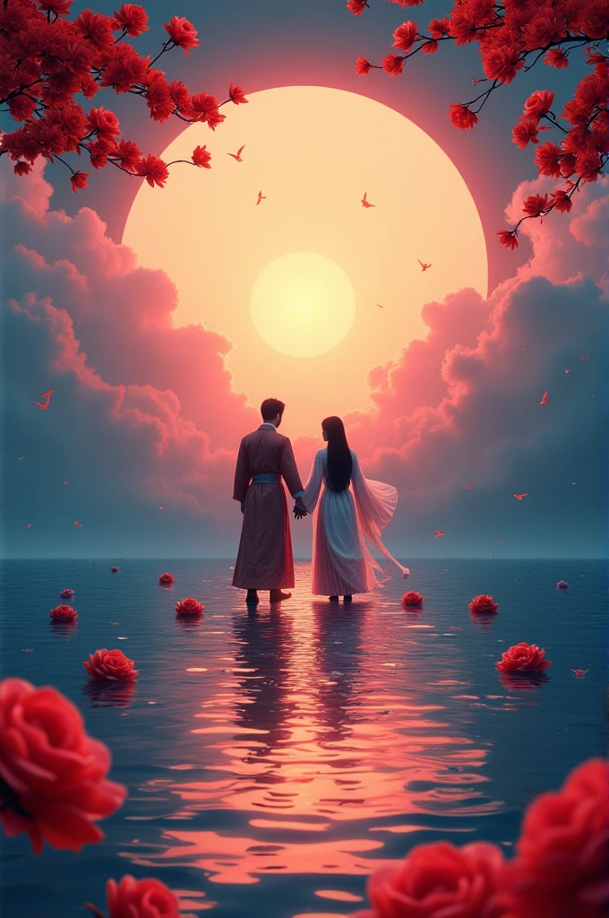 A poster for the ”Chinese Valentine‘s Day“ festival, featuring an ocean scene with roses floating on it and silhouettes of two people holding hands in traditional costumes. the moonlit sky is decorated with red flowers. At night, a huge sun rises from behind the clouds, casting light over everything around in the style of traditional