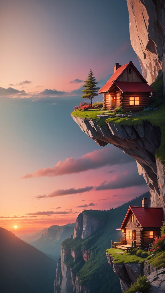 Create an image of a cabin in a beautiful cliff with greenery all around and red clouds and sky.