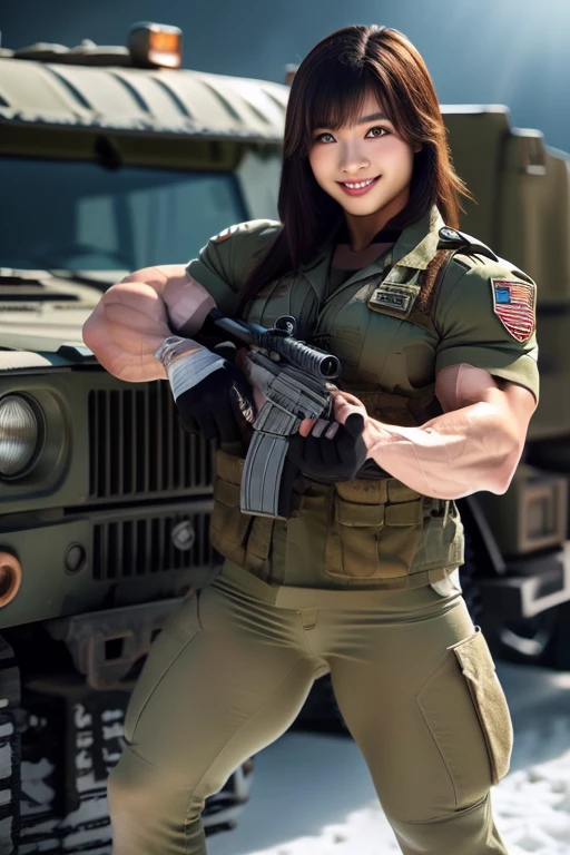 (8K, Raw-Photo, best qualtiy, tmasterpiece:1.2),(realisticlying, photograph realistic:1.4),(Highly detailed CG unity 8k wallpaper),(Round face: 1.5), (detailed pupil:1.3),(Cool Eyes:1.1),(little smile:1.1),(Unforgettable Eyes:1.1),(The eyes are so beautiful:1.1),A young but very beautiful 35-year-old Malay female soldier stands in front of a snowy mountain valley ,K2 rifle in hand,Clothed Malaysia. Army Corps Uniform, strong muscles,Marine Girl, assault rifle, (holding rifle: 1.3), (Aim and hold the rifle...: 1.3),navels, glove, Ripped military pants,