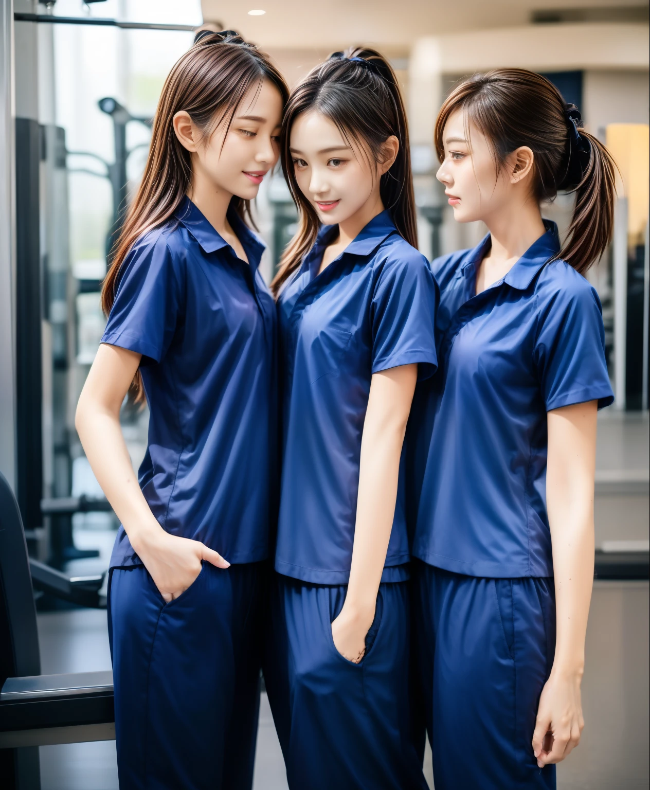 3 girls in fitness center, Navy blue short-sleeved shirt,Navy Long Trackpant,Sweatpants, Sweatpantsขายาว,25 year old girl, lesbian, sexy, exercise clothes, wet body, exercise clothes